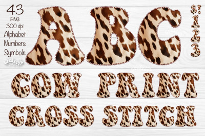 Cow Alphabet PNG Cross Stitches Letters Numbers Symbols Animal print