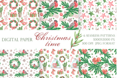 Christmas time watercolor seamless pattern. New Year.