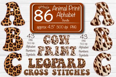 Animal Print Alphabet PNG Bundle Leopard and Cow Letters Numbers Symbo