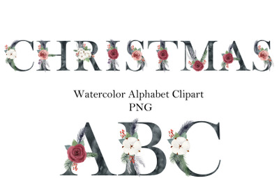 Watercolor Christmas Black Alphabet.