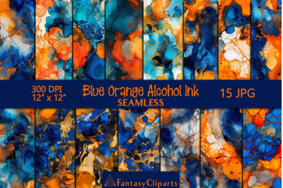 Blue Orange Alcohol Ink Digital Paper | Seamless Patterns