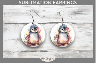 Christmas Penguin Animal entangled in lights Round Earrings Sublimatio