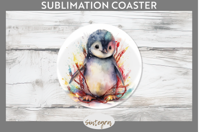 Christmas Penguin Animal entangled in lights Round Coaster Sublimation