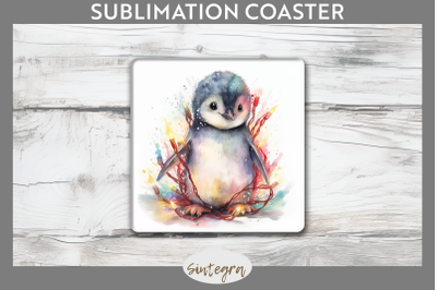 Christmas Penguin Animal entangled in lights Square Coaster Sublimatio