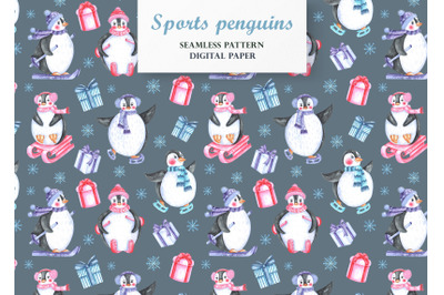 Xmas penguins seamless pattern. Winter sport.