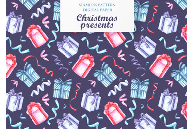 Christmas gifts watercolor seamless pattern. Presents.