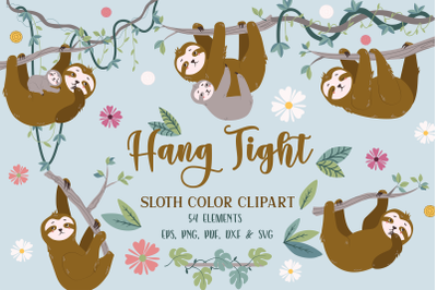 Hang Tight Sloth Clipart SVG, Jungle SVG Bundle, Sloths PNG, Baby and