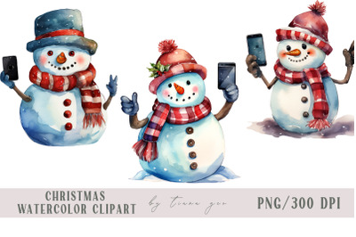 Watercolor snowmen taking selfies clipart - 3 png files