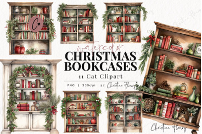 Watercolor Christmas Bookcase Clipart