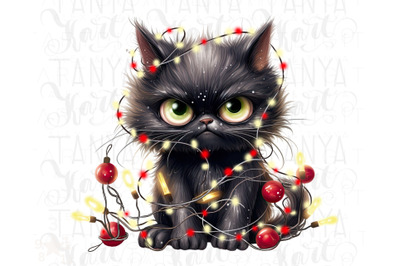 Black Christmas Angry Cat PNG Design for Sublimation