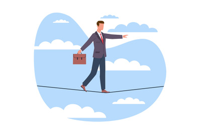 Businessman walks tightrope, concept of business risks. Man walking on