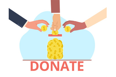 Concept of donation, charity, hands dropping coins into glass jar. Hum