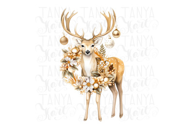 Christmas Deer Art Print, Winter Wreath Sublimation Download