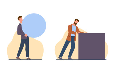 Concept of wrong approach to work, men carrying round object and pushi