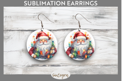 Christmas Santa Claus Entangled in lights Round Earrings Sublimation