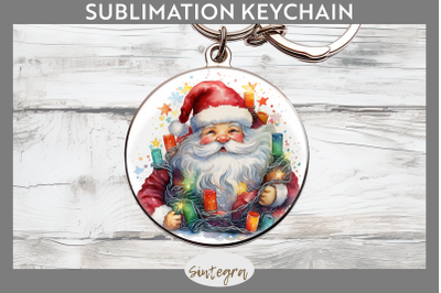 Christmas Santa Claus Entangled in lights Round Keychain Sublimation