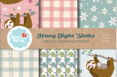 Hang Tight Sloth Clipart Digital Papers, Boho Floral Pattern Bundle, S