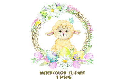 Easter Lamb clipart watercolor, baby sheep clipart, easter wreath, far
