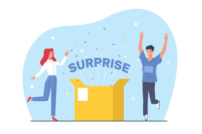 Happy people with gift, surprise box with confetti, guy and girl rejoi