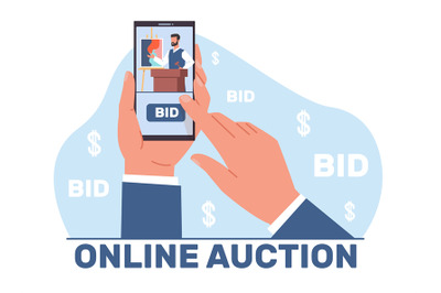 Hand holds smartphone with online auctioneer, salesman with gavel, bid