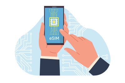 Hands holding cell phone with an eSIM chip. Embedded sim card on smart