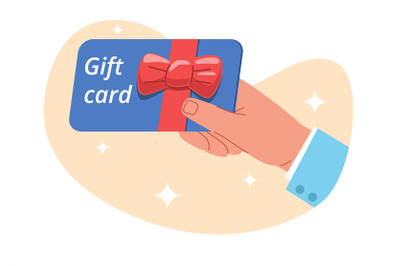 Human hand holds gift card, voucher or coupon. Marketing promotion. Lo