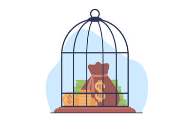 Money saving, bird cage filled with gold coins and banknotes. investme