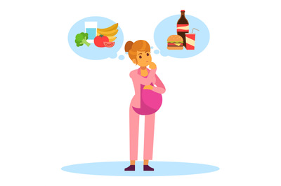 Pregnant woman chooses between healthy and unhealthy foods. Girl think