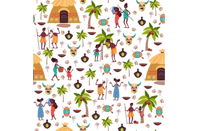 Seamless pattern with elements of African peoples lives. Aborigines an