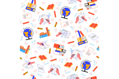 Seamless pattern with school items. Educational equipment, books, glob