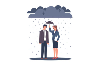 Small financial cushion, drenched businessmen with small umbrella to p