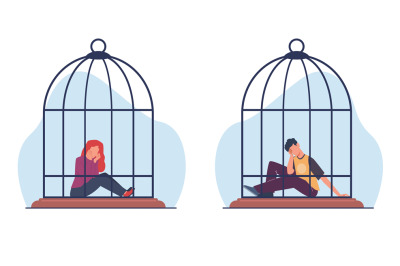 Young man and girl with depression and despair sitting in bird cage. K