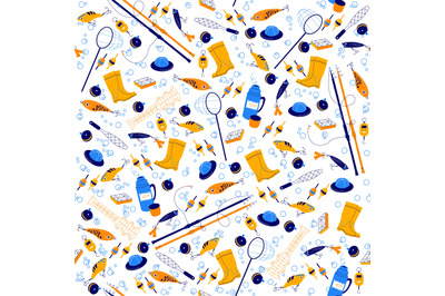 Seamless pattern with fishing items. Equipment and big catch&2C; floats&2C;