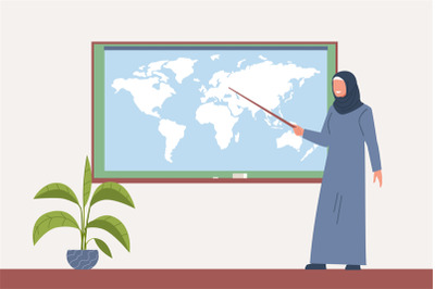 Arab female teacher in hijab stands with pointer near blackboard in he