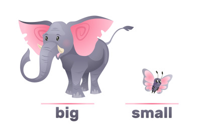 Antonyms and opposites&2C; big and small. Elephant and butterfly. English