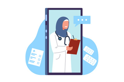 Arab female doctor on smartphone screen writing online prescription. M