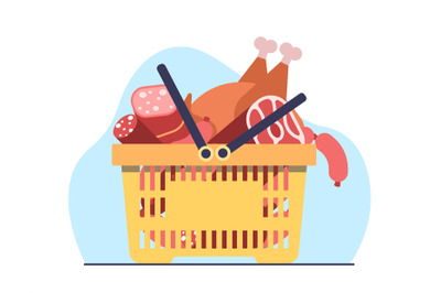 Basket filled with different kinds of meat products chops, sausages, b