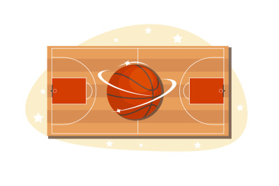 Basket ball on background of basketball court, top view. Empty hall fi