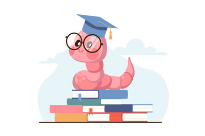 Bookworm in graduation hat and glasses sits on books. Education and kn