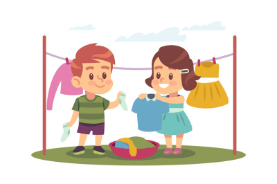 Boy and girl hang wet clothes on rope outside. Little children washed