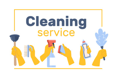 Cleaning service banner. Hands in yellow gloves hold detergents&2C; spong