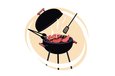 Cooking steak on grill. Cooking equipment for meat products with rack,