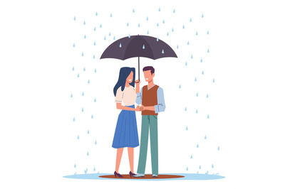 Couple in love standing under umbrella in rain. Romantic relationships