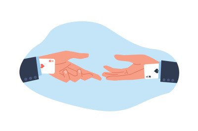 Hands of businessmen with aces up their sleeves. People handshaking ge