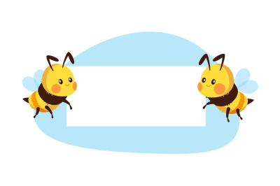 Joyful bees hold up white empty signboard. Cute pretty striped insect