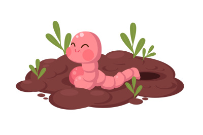 Little worm crawled out of hole in ground. Cute earthworm with growth