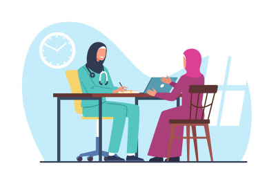 Muslim female doctor sees patient. Consultation and examination. Arab