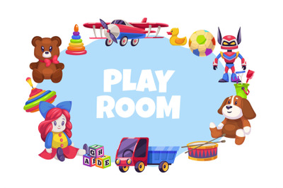 Banner with set of children toys. Round frame with copy space for text