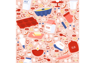 Seamless pattern with baking implements. Pastry cooking, homemade conf