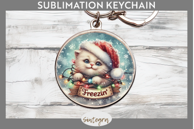 Christmas Vintage Freezin&#039; Cat Entangled Round Keychain Sublimation
